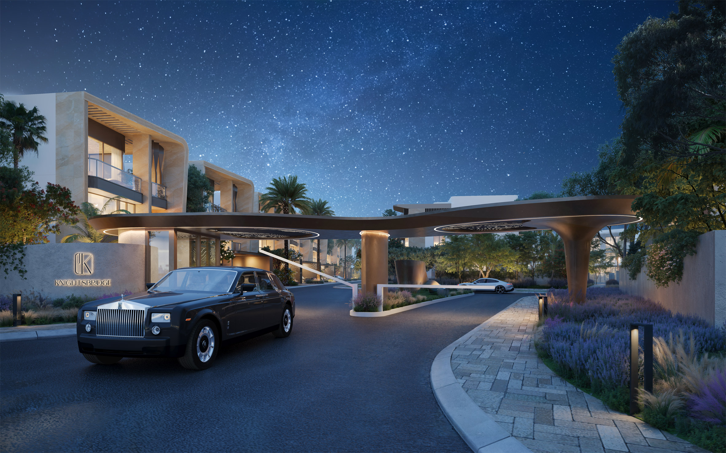 Render of apartment complex with car driving out of the site